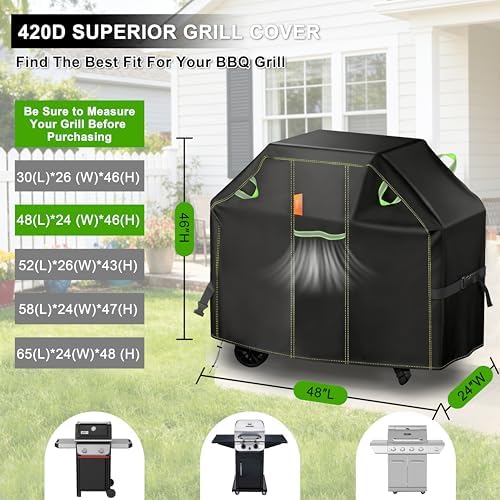 Grill Cover for Outdoor Grill, 48 Inch BBQ Grill Cover 420D Heavy Duty Waterproof with Air Vents/Handles/Straps, Weather Resistant Barbecue Gas Grill Cover for Weber, Genesis, Charbroil, etc - Image 2