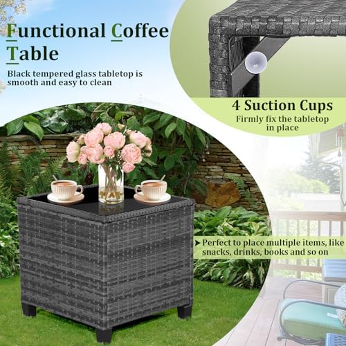 RELAX4LIFE 3 Piece Patio Furniture Set, Wicker Bistro Conversation Set w/2 Cushioned Armchairs & Glass Topped Table, Outdoor Rattan Sofa Set Patio Furniture for Porch Balcony Poolside (Grey-Black) - Image 5