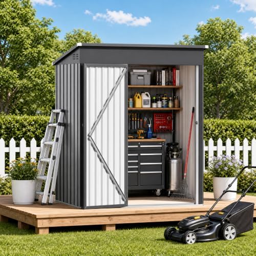 5 x 3 FT Outdoor Storage Shed, Waterproof Metal Garden Tool Shed with Sloped Roof, Lockable Door & Air Vents for Backyard Patio Lawn, Dark Gray by Unknown