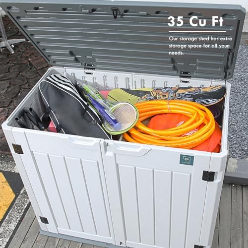 35 Cu.ft Outdoor Storage Shed, Large Resin Storage Box, Waterproof & Lockable Cabinet for Garden Yard Patio Garage Backyard Storage (White - 35 Cu. ft) - Image 3
