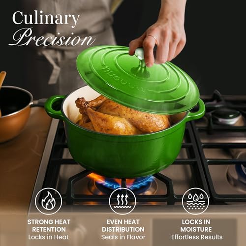 Cast Iron Dutch Oven with Lid-Non-Stick Ovenproof Enamelled Casserole Pot - Sturdy Dutch Oven Cookware - Green, 7.3- Quart, 30cm- by Nuovva - Image 6