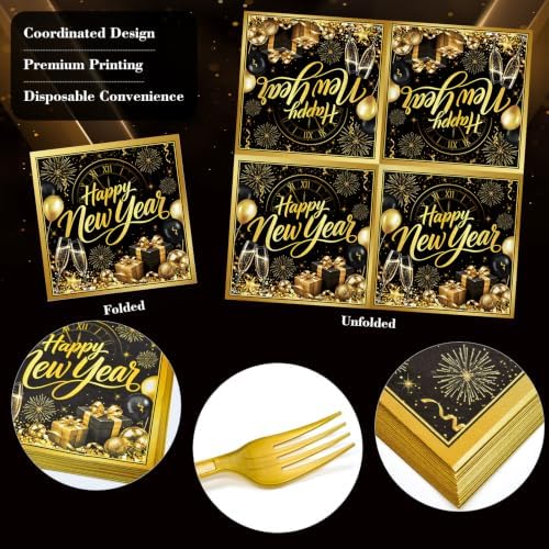 96 Pieces New Year’s Eve Plates and Napkins Set – Black and Gold 2027 Disposable 9 Inch and 7 Inch Party Plates with Gold Forks for New Year Countdown Celebration – Serves 24 Guests - Image 3