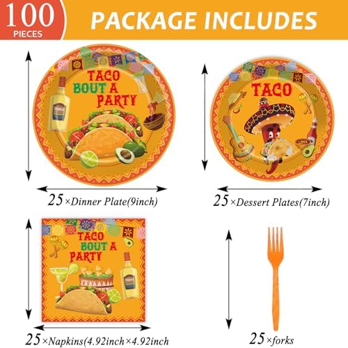 ZOiiWA 100 Pcs Let's Taco Bout A Party Supplies Tableware Set Mexican Fiesta Party Dinnerware Set Mexican Tacos Party Paper Plates Napkins Forks for Taco Party Supplies Birthday Serves 25 Guests - Image 2