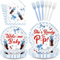 96Pcs She's Ready to Pop Baby Shower Party Decorations Soda Pop Drink Plates and Napkins Blue White Bow Plaid Disposable Paper Tableware Set for Girls Boys Baby Shower Party Supplies Serves 24 by Greencian