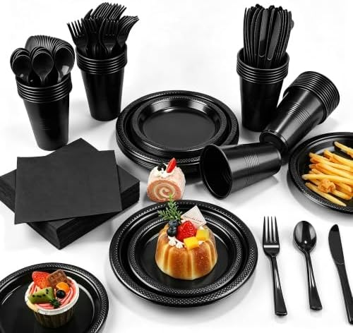 Kochorie 240 Pieces Black Plastic Dinnerware Set for 30 Guests Disposable Heavy Duty Plates Napkins Cups and Silverware Dessert Dinner Plates for Birthday Wedding Halloween Party Supplies by Kochorie
