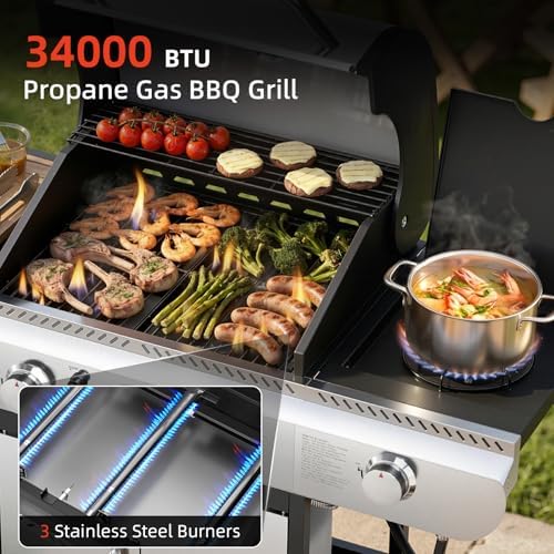 COWSAR 3 Burner Gas Grill, 34,000 BTU Stainless Steel BBQ Grill with Side Burner, Porcelain-Enameled Cast Iron Grates, Pull-Out Grease Tray for Patio, Backyard & Outdoor Cooking - Image 2