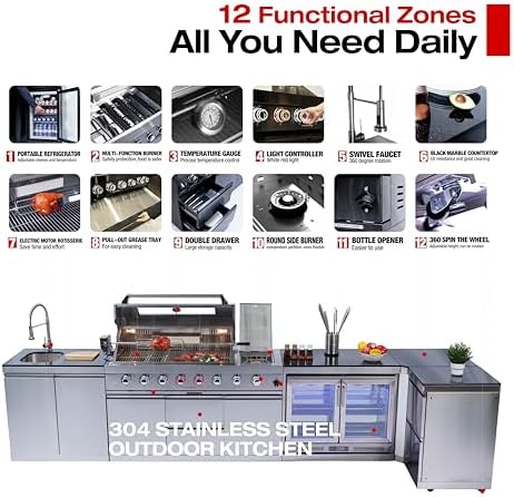 153-Inch 6-Burner Propane Gas Outdoor L-Shaped Island, 96000 BTU Grill 304 SS BBQ with 140L Wine Cooler, Rotisserie, Granite Countertops Storage Cabinets & Drawers, for Patio Backyard BBQ, Silver - Image 3