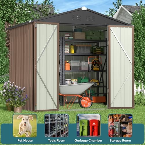 Gizoon 8 x 6 FT Outdoor Storage Shed, Galvanized Metal Garden Shed, Brown - Image 4