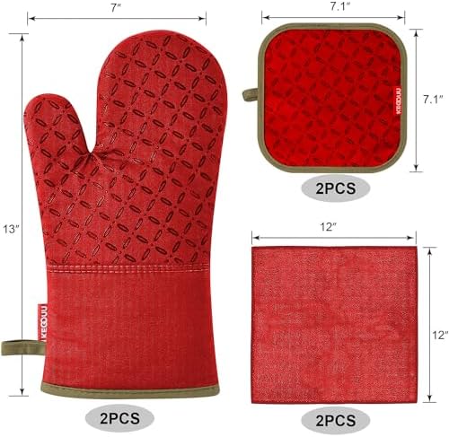 KEGOUU Oven Mitts and Pot Holders 6pcs Set, Kitchen Oven Glove High Heat Resistant 500 Degree Extra Long Oven Mitts and Potholder with Non-Slip Silicone Surface for Cooking (Red) - Image 2