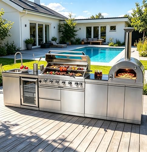 128" Outdoor Kitchen Island,Stainless Steel Natural Gas BBQ Grill with Pizza Oven, Rotisserie, Refrigerator, Granite Countertop, Storage Cabinets & Drawers 120,000 BTU. by INOTEVERITORY
