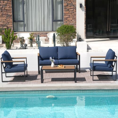 4 Pieces Metal Patio Furniture Set for Outdoor Balcony, Blue - Image 6