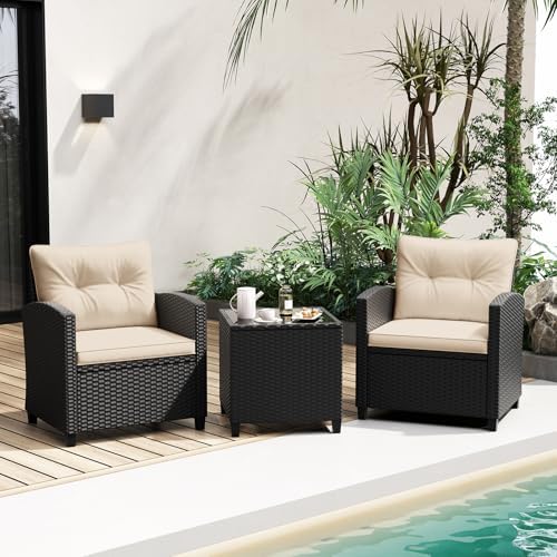 RELAX4LIFE 3-Piece Patio Furniture - Wicker Rattan Bistro Sofa Set w/Glass Top Coffee Table, Washable Cushions for Porch Balcony Backyard Poolside, Outdoor Conversation Set (Beige) by RELAX4LIFE
