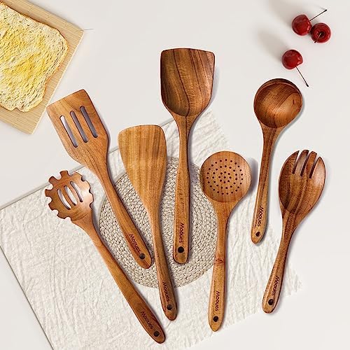 Mooues Wooden Kitchen Utensil Set, 7 Piece Natural Teak with Spoon Rest - Image 7