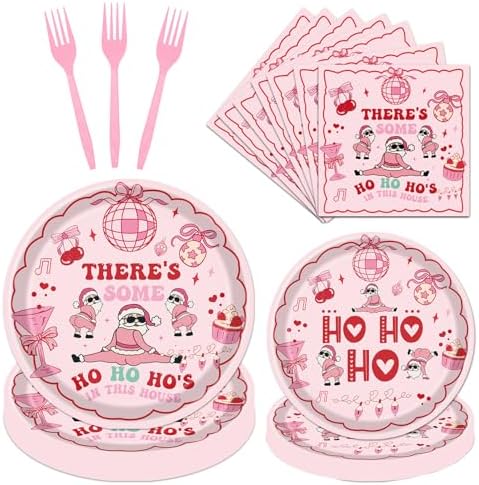 Theres Some Ho Ho Hos in This House Decorations Tableware, 96PCS Pink Friendsmas Christmas Party Paper Plates Napkins Decoration, Funny Christmas Theme Birthday Forks Decor Serve 24 by Aposwow