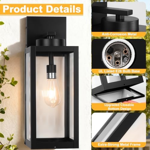 20" Black Large Outdoor Wall Lights with Closed Bottom, Front Porch Lights - Image 3