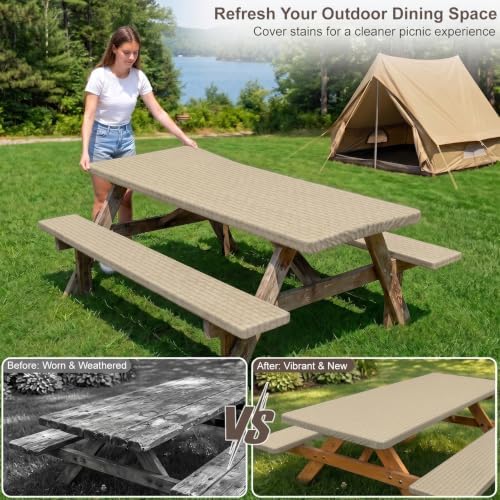 Picnic Table Cover with Bench Covers Portable Table Cloth Built-in Storage Pocket Picnic Table Covers With Elastic Waterproof Camping Essentials for RV Camping - Image 4