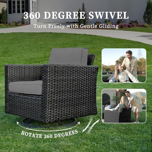 UDPATIO Patio Furniture Set with Fire Pit Table and Swivel Rocking Chairs, 6 Pieces Outdoor Wicker Furniture Set with Waterproof Cover, 4'' Thickened Cushion, Grey - Image 4
