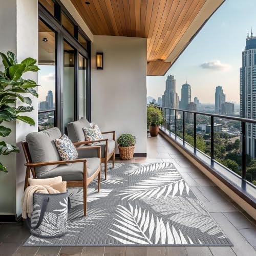 GENIMO Outdoor Rug 6' x 9' Waterproof for Patios Clearance, Reversible Plastic Straw Camping Carpet with Round Storage Bag, Large Area Rugs and Mats for RVs,Garden, Beach, Gray & White - Image 3