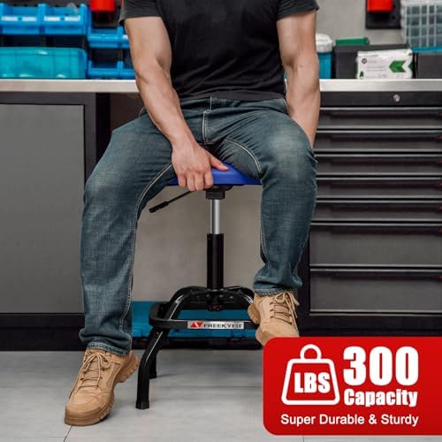 Shop Stool with Backrest, Mechanic Garage Stool for Workshop, Adjustable Shop Stools Chair, Padded Workbench Stools for Men Women, 300 LBS Capacity, 360° Swivel PVC Seat, Heavy Duty, Blue - Image 3
