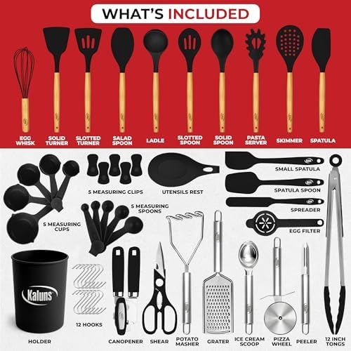 Kaluns 50 PCS Silicone Kitchen Utensils Set Complete Kitchen Set - 800°F Heat Resistant Non-Stick Premium Silicone Cooking Utensils W Wooden Handles - Can Opener, Masher, Turner, Silicone Spatula Set - Image 3