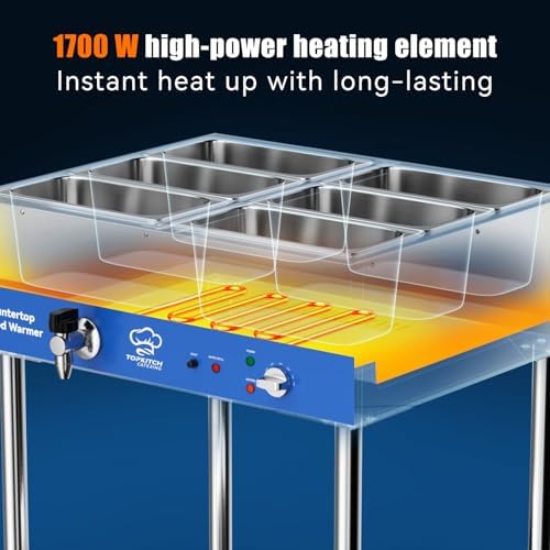 TOPKITCH ETL Listed 6-Pan Commercial Food Warmer, Electric Steam Table, 120V 1700W Stainless Steel Buffet Catering Food Warmer with Undershelf and Workspace, for Restaurant. - Image 4