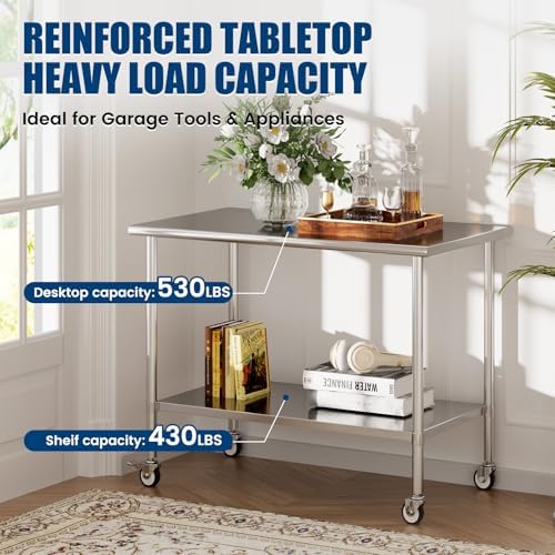 Stainless Steel Work Table with Wheels, 30x60 Inch NSF Kitchen Prep Table with Adjustable Undershelf for Commercial Restaurant, Garage, Outdoor BBQ - Image 2
