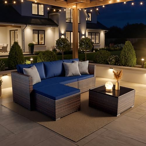 Patio Furniture Set - All-Weather -5 Piece Outdoor Patio Conversation Couch Sets, Modular Wicker Rattan Sectional Sofa for Garden, Patio, Poolside, Backyard, Balcony, Porch,Navy Blue - Image 6