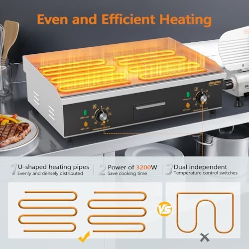 ROVSUN 26" Electric Griddle, Electric Countertop Half Flat Top Griddle, 3200W Grill Stainless Steel with Adjustable Temperature Control 122°F-572°F for Commercial Home Restaurant, Plug - Image 3
