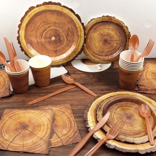 175 Pieces Camping Wood Grain Slice Tableware Set Rustic Wood Party Decorations Plates Napkins Cups Knives Fork Spoon for Hunting Birthday Party Decorations Serve 25 Guests - Image 7