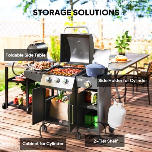 Outsunny 3 Burner Gas Grill with Side Burner and Shelves, 9.5 KW Output - Image 4
