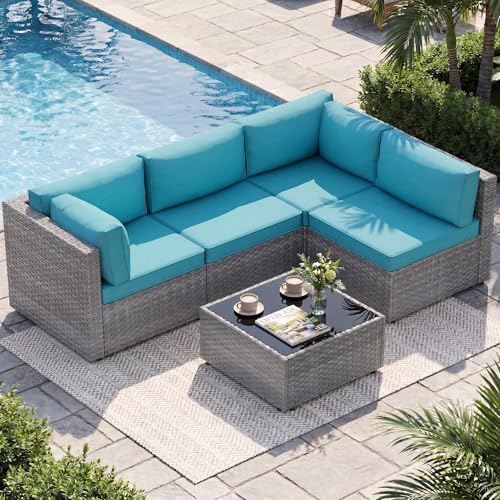 Shintenchi 5 Piece Outdoor Patio Furniture Set with Silver Rattan, Blue by Shintenchi%7CFurnitureMadeforRealLife