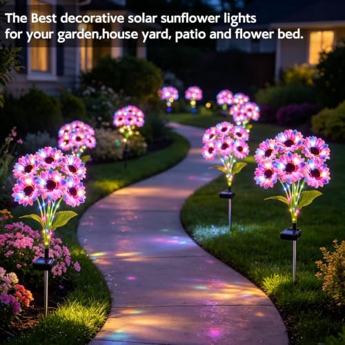 Solar Sunflower Lights Outdoor Garden Decor, 6 Pack Solar Multicolor Flowers Lights with 36 Sunflowers, Waterproof Fall Decor Stake Decorative Light Auto ON/Off for Garden Yard Patio, Gift for Women - Image 5