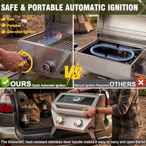 Bestfire 2-Burner Tabletop Gas Grill with Viewing Glass Lid, 20,000 BTU Stainless Steel Portable Propane BBQ Grill, Built-in Thermometer & Push-Button Ignition, for Outdoor Camping, RV, Tailgating - Image 5