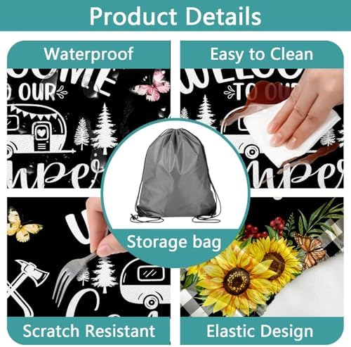 Sunflower Plaid Picnic Table Cover with Bench Covers and Bag, Camping Essentials, Checkered Floral Waterproof Windproof, Fitted Tablecloth Cover with Elastic Edge, Garden & Outdoor, 3 PCS, 30x72 Inch - Image 3