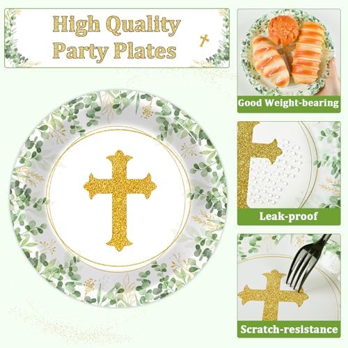 God Bless Tableware Set Baptism Plates First Holy Communion Plates and Napkins Mi Bautizo Eucalyptus Leaves Sage Disposable Dinnerware for Christening Baby Shower Party Supplies Serve 24 - Image 3
