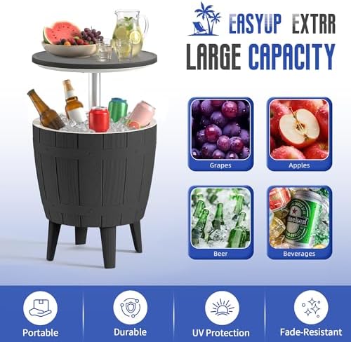 EasyUp Outdoor Resin Ice Bucket & Beverage Cooler-Patio Cooler Table with UV Protection,Wood-Look Side Tables for Your Patio, Picnic, and Beach Party (Black) - Image 6