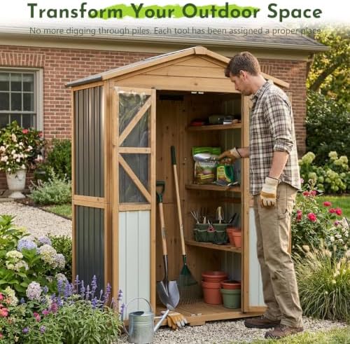 Outdoor Wooden Storage Shed Cabinet with 6 Adjustable Shelves - Image 2