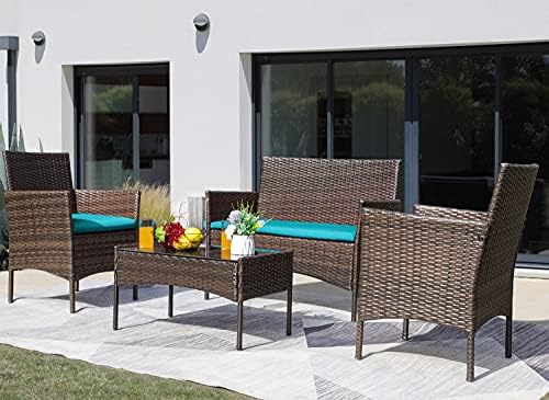 Greesum Patio Furniture 4 Pieces Conversation Sets,Brown and Blue - Image 2