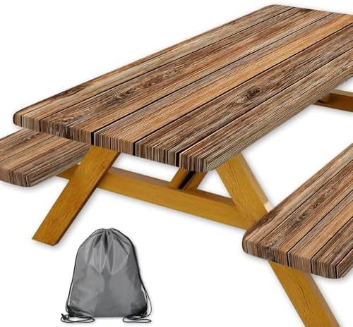 Farmhouse Picnic Table Cover with Bench Covers Camping Essentials Brown Wood Grain Waterproof Windproof Camping Tablecloth Fitted Tablecloth Cover with Elastic Edge for Indoor Outdoor 3 PCS 30x60 Inch by Xguatan