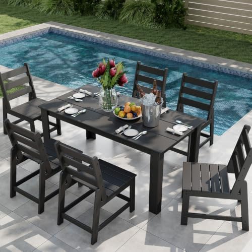 GREENVINES 7-piece Outdoor Dining Set, HDPE Table & 6 Armless Chairs, Black - Image 4