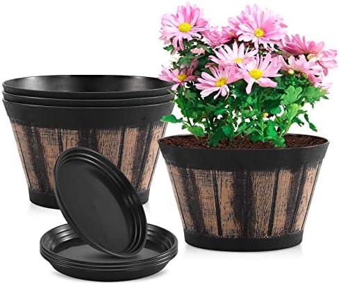 Quarut 8 inch Brown Plastic Whiskey Barrel Plant Pots Set of 4 with Drainage Holes and Saucer for Indoor and Outdoor Garden Home Plants by Quarut