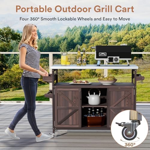 Zevemomo Outdoor Grill Cart with Storage, Lockable Casters, Brown - Image 6