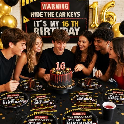 96 PCS Caution Logos 16th Birthday Party Paper Plates and Napkins 16 Years Old Party Decor Warning Sign Themed Teens 16th Dinnerware for Boys Girls 16 Years Old Birthday Gatherings Decorations - Image 6