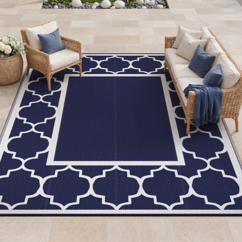 GENIMO Outdoor Rug, Waterproof Plastic Rugs for Patio, 8'x10' Blue White by GENIMO