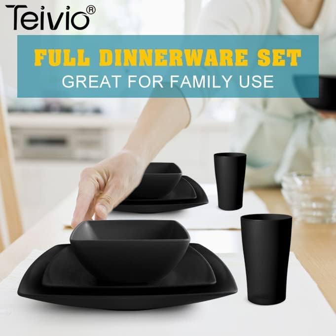 Teivio 32-piece Plastic Wheat Straw Square Dinnerware Set for 8, Unbreakable Dinner Plates, Salad Plates, Snack Bowls, Tumblers, Dishwasher Safe, Outdoor Kitchen Dinning RV Essentials Dish, Black - Image 6