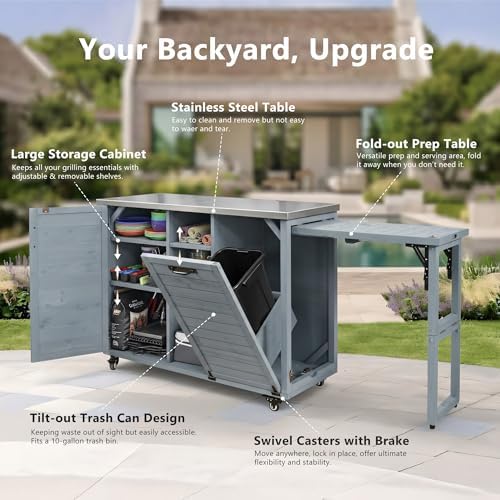 Merax 78.3" Outdoor Kitchen Island with Foldable Grill Table, Wooden Outdoor Grill Cart with Trash Can Storage & Stainless Steel Top, Outdoor Bar Cart, Pizza Oven Table for Lawn & Garden, Dark Brown - Image 3