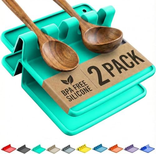 2 Pack Aqua Green Silicone Spoon Rest for Stove Top Kitchen Spoon Holder Set by CoolerKitchen