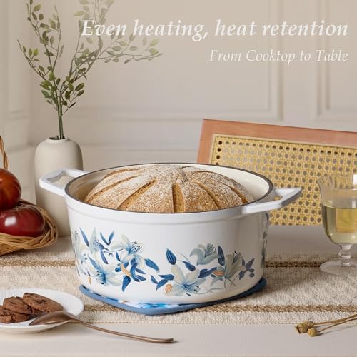 CAROTE 7QT Enameled Cast Iron Dutch Oven Pot with Lid, White & Blue - Image 3