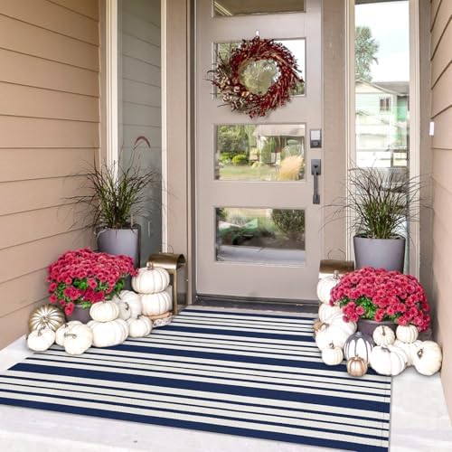 IOHOUZE 3x5 Striped Outdoor Rug, Washable Front Porch, Navy White by iOhouze