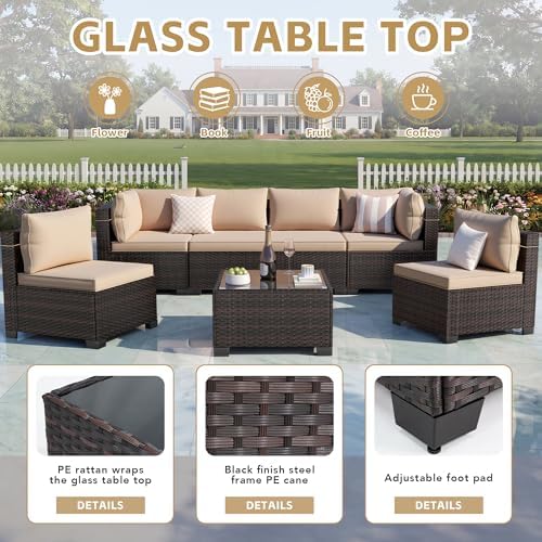 LEVELEVE 9 Pieces Outdoor Patio Furniture Sets,Rattan Conversation Sectional Set,Manual Weaving Wicker Patio Sofa,w/Table&Ottoman - Image 5